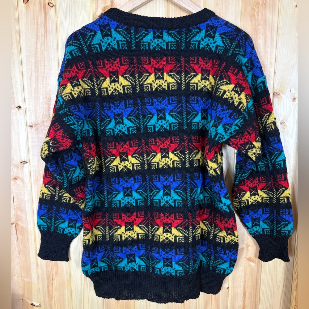 Vintage Cambridge Dry Goods Shetland Wool Black Rainbow Star Snowflake Sweater M - Picture 2 of 16